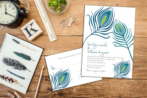 Peacock Feathers Wedding Invitation Set Feather Wedding Etsy