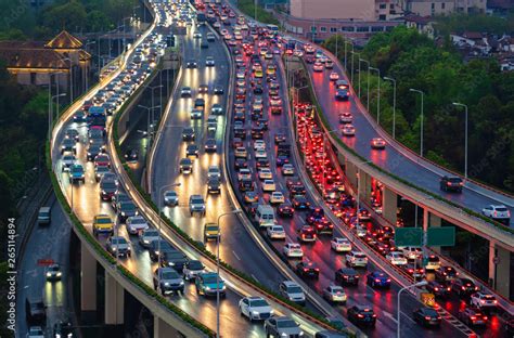 Traffic Jam In The Rush Hour On Highway Cars On Bridges And Roads In