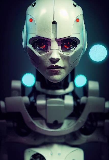 Robô ciborgue feminino fechado iluminado por luz scifi ilustração 3d de