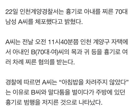 왜 아침밥 안 차려줘” 흉기로 아내 목 찌른 70대 남성 인스티즈instiz 인티포털 카테고리