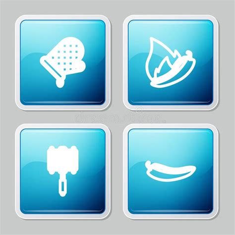 Set Line Oven Glove Hot Chili Pepper Pod Barbecue Steel Grid And Icon Vector Stock Vector