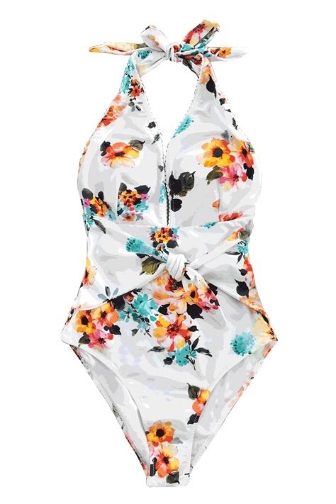 Cupshe Womens Tie Waist Floral Print One Piece Swimsuit Halter Swimwear Beachwear Central