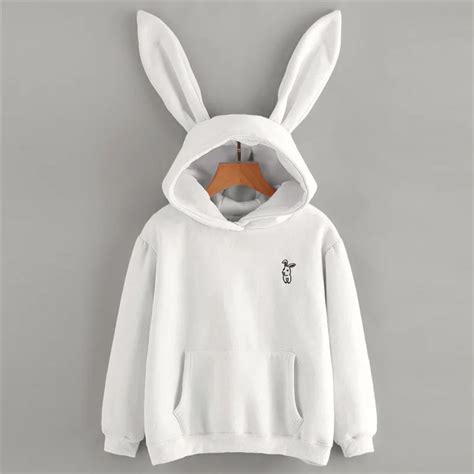 Women Cute Rabbit Ears Winter Hooded Sweatshirt Women Embroidery