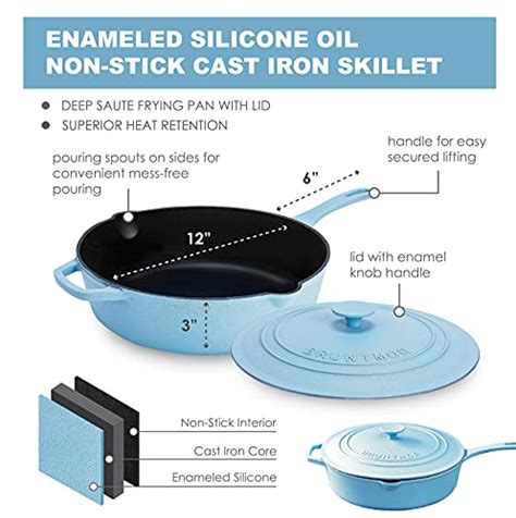 Enameled Silicone Oil Non Stick Cast Iron Skillet Deep Sauté Frying Pan With Lid 12 Inch