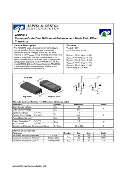 AON5810 Common Drain Dual N Channel Enhancement Mode