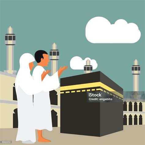 Jamaah Muslim Melaksanakan Ibadah Haji Umrah Karakter Kartun Ilustrasi