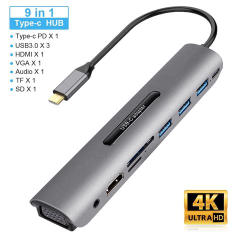 9 Poorten Usb C Hub Naar Hdmi Vga RJ45 Gigabit Eth Grandado