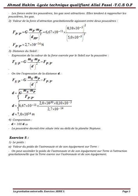 la gravitation universelle tronc commun exercices corrigés