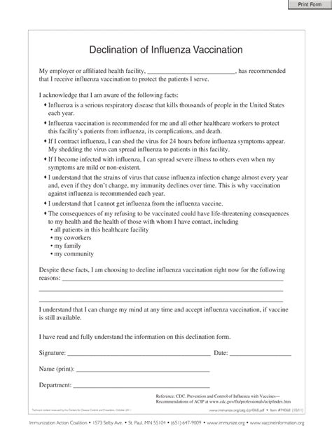 Sample Declination Of Infuenza Vaccination Form Fill Out Sign Online