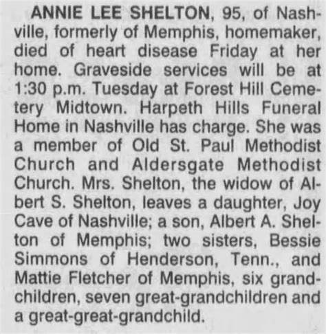 Obituary For Annie Lee Shelton ™