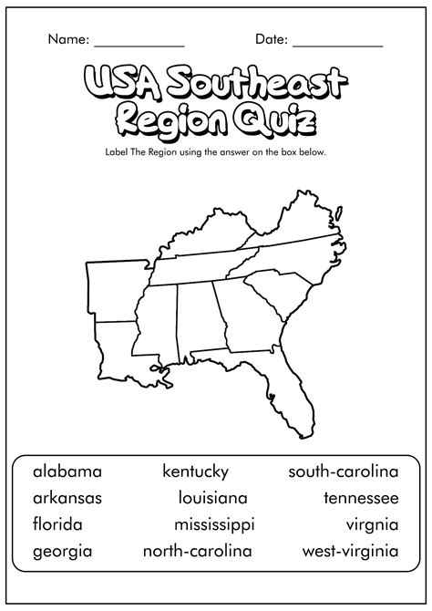 Us States By Region Worksheet