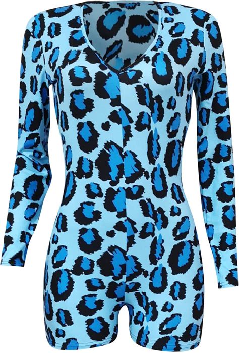 Bukinie Women Leopard Print Bodysuit Sexy Tops Long Sleeve V Neck