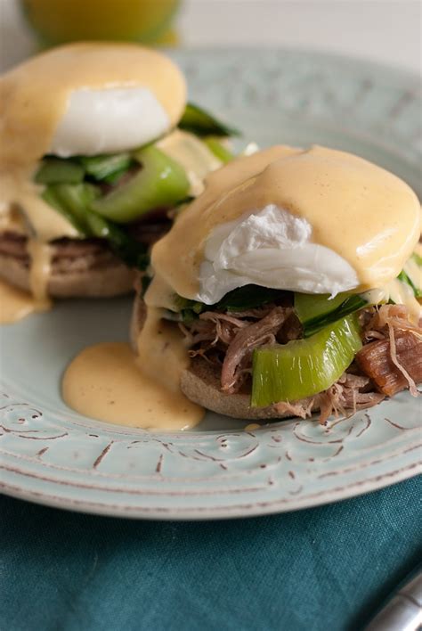 Kalua Pork Eggs Benedict with Sriracha Hollandaise sauce