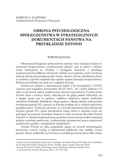 Pdf Obrona Psychologiczna Spo Ecze Stwa W Strategicznych Dokumentach