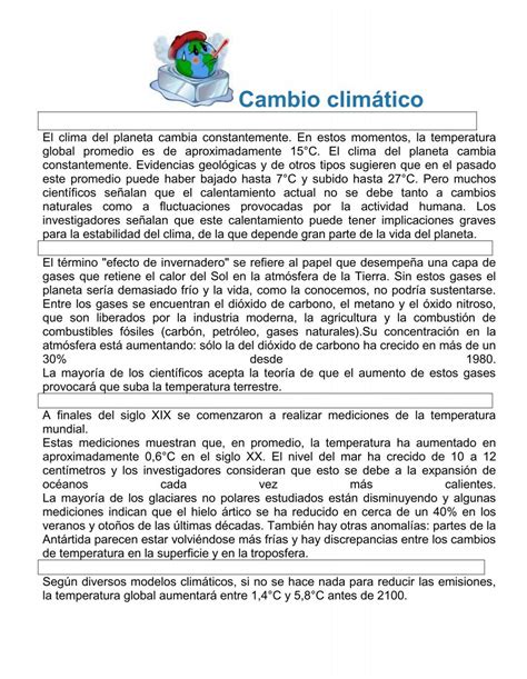 Cambio Climatico Para Completar Comprension De Lectura VINTEL