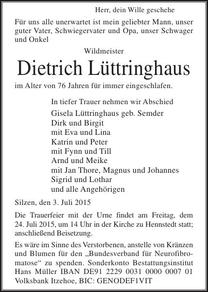 Dietrich Lüttringhaus Gedenken Norddeutsche Rundschau