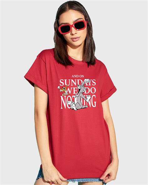 Buy Women S Red Sundays We Do Nothing Typography Boyfriend T Shirt