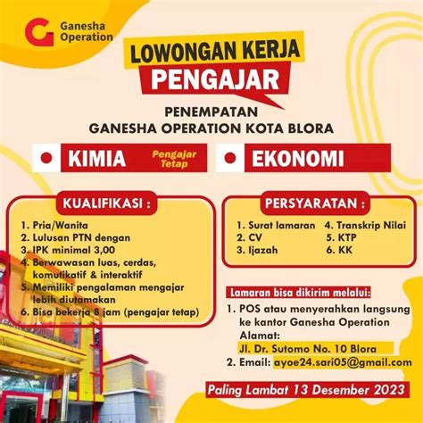 Lowongan Kerja Pengajar Ganesha Operation Kota Blora Loker Blora