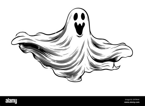 Hand Drawn Halloween Scary Flying Ghost Vector Engraving Style