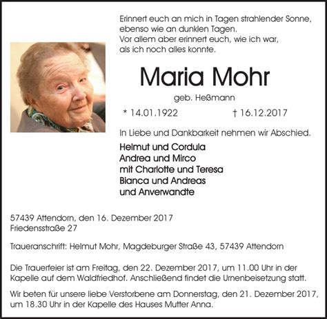 Traueranzeigen Von Maria Mohr Trauer In NRW De