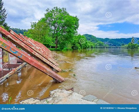 The River Berunka Swollen After Heavy Rainfall And Flood Water Crashing