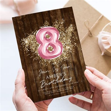 8th Birthday Party Invitation Template Rustic Pink Balloon Gold