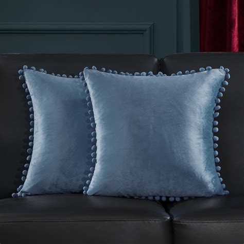 Deconovo 18x18 Velvet Throw Pillow Covers 2 Pack Haze Blue With Pom Poms