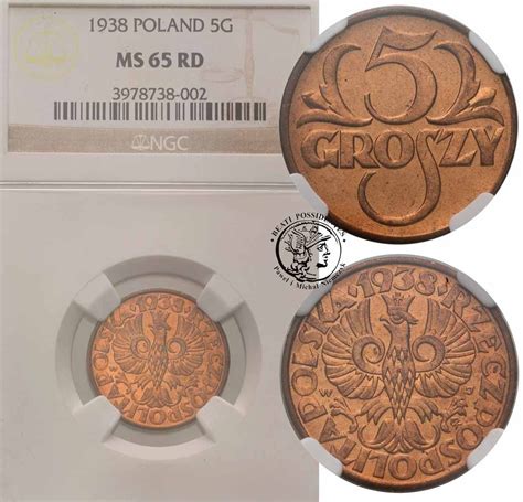 Polska II RP 5 Groszy 1938 NGC MS65 RD Archiwum Niemczyk Pl