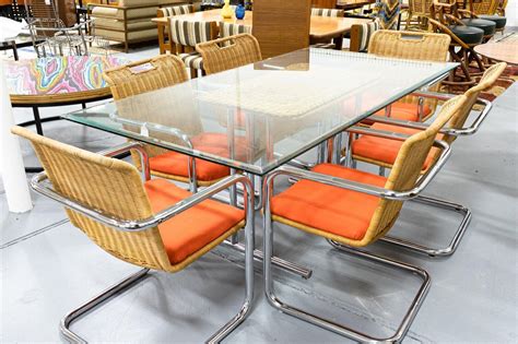 Mid Century Modern Chrome Dining Table And 6 Wicker Cantilever Chairs