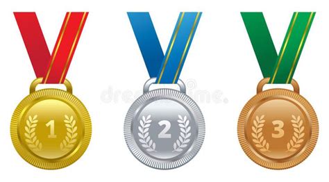 Three Gold Silver And Bronze Medals With Ribbons