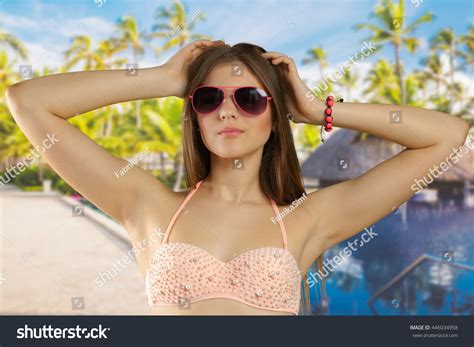 Woman Bikini Sunglasses Isolated Stock Photo 446034958 Shutterstock