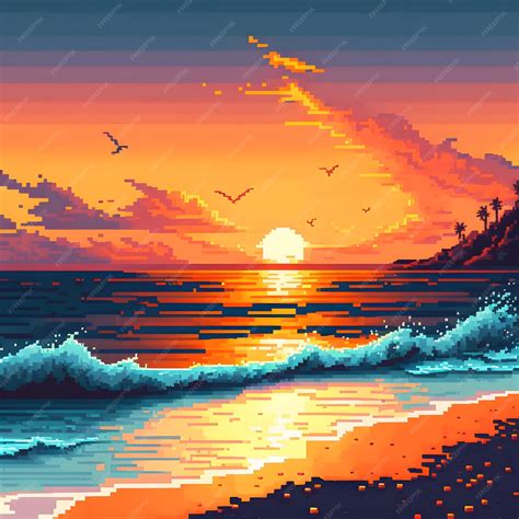 Premium Photo A Pixel Art Style Sunset On The Beach With A Wave