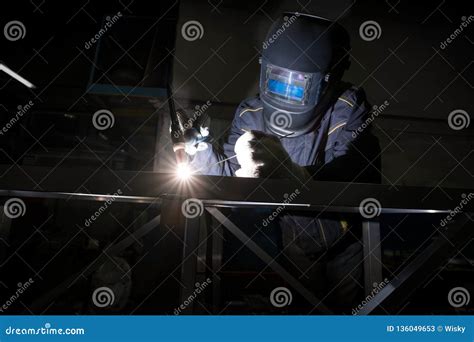 View Of Worker In Face Shield Doing Argon Welding Stock Image Image