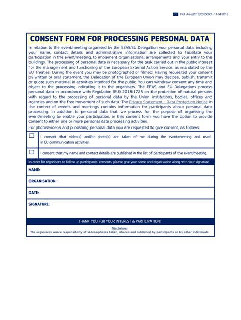 Fillable Online Eeas Europa CONSENT FORM FOR PROCESSING PERSONAL DATA