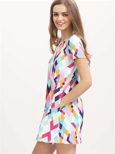 Multicolor Geometric Print Shift Dress -SheIn(Sheinside)