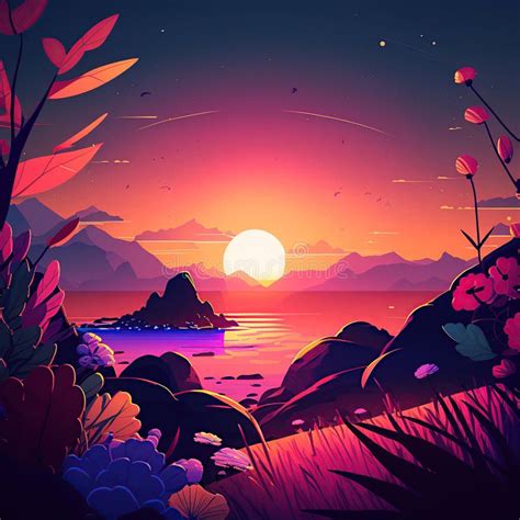 A Cartoon-Style Sunset on a Stunning Beach, Generative Ai Stock Illustration - Illustration of ...