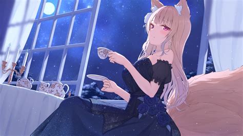 Wallpaper Anime Girls Blonde Black Dress Fox Ears Tea Red Eyes Night Bare Shoulders