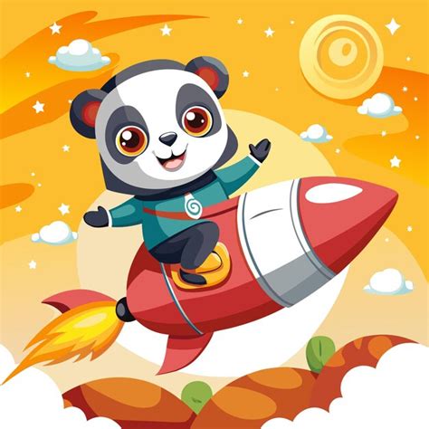 A Cute Panda In A Blue Spacesuit Riding A Red Rocket Ship Flying