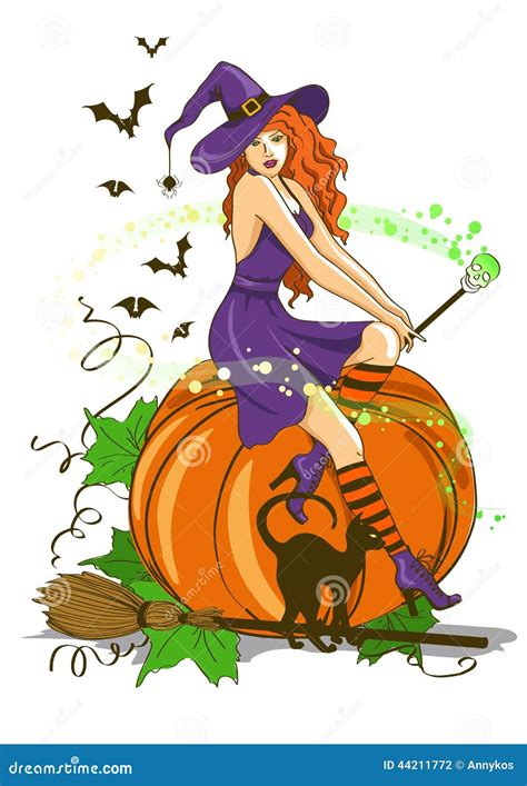 Beautiful Witch Sitting On The Pumpkin Stock Vector Illustration Of