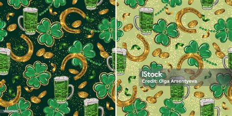 St Patricks Day Seamless Pattern With Clover Lucky 4 Shamrock Leaves