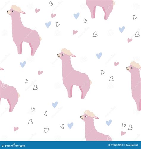 Vector Seamless Pattern With Pink Romantic Alpaca Stock Vector