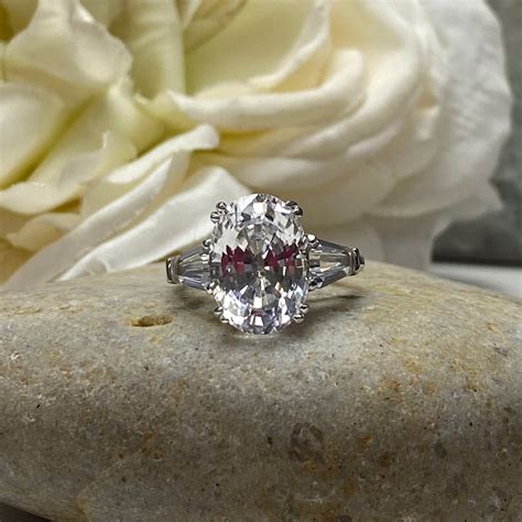 Oval Cut Three Stone Moissanite Engagement Ring, 14k Gold Oval and Trapezoid Moissanite Wedding ...