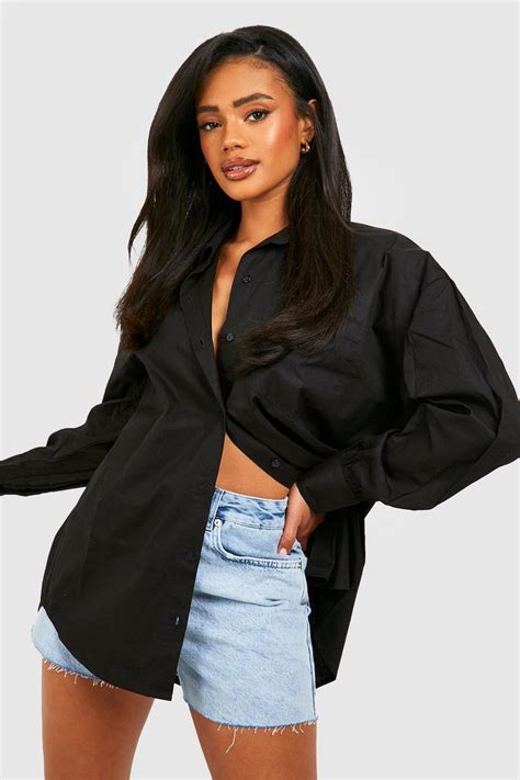 Women S Black Oversized Cotton Poplin Shirt Boohoo Uk