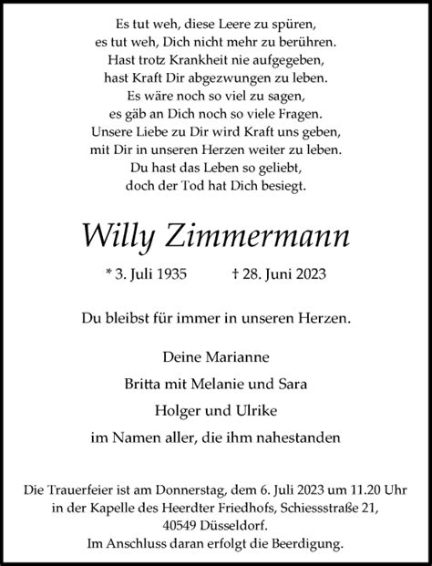 Alle Traueranzeigen F R Willy Zimmermann Trauer Rp Online De