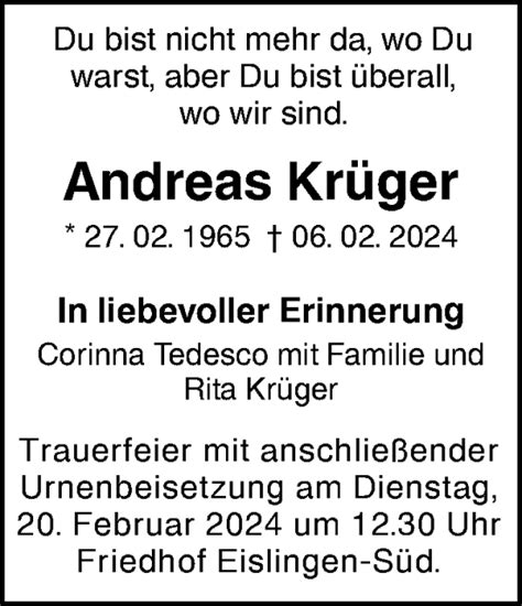 Traueranzeigen von Andreas Krüger Südwest Presse Trauer