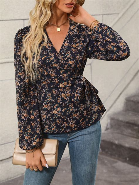 Ditsy Floral Print Lantern Sleeve Knot Side Wrap Blouse Shein