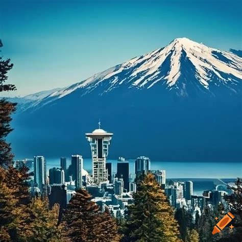 Seattle Skyline With Mountains And The Space Needle On Craiyon