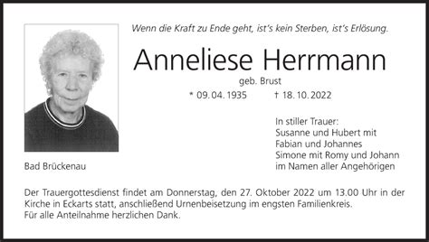 Anneliese Herrmann Traueranzeige Trauer InFranken De