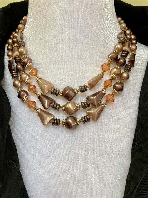 1960s 70s Vintage 3 Strand Beaded Necklace Marked Ja Gem