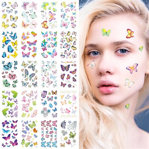 TIESOME 20 Blatt glitzernde Schmetterlings Gesichts temporäre Tattoos